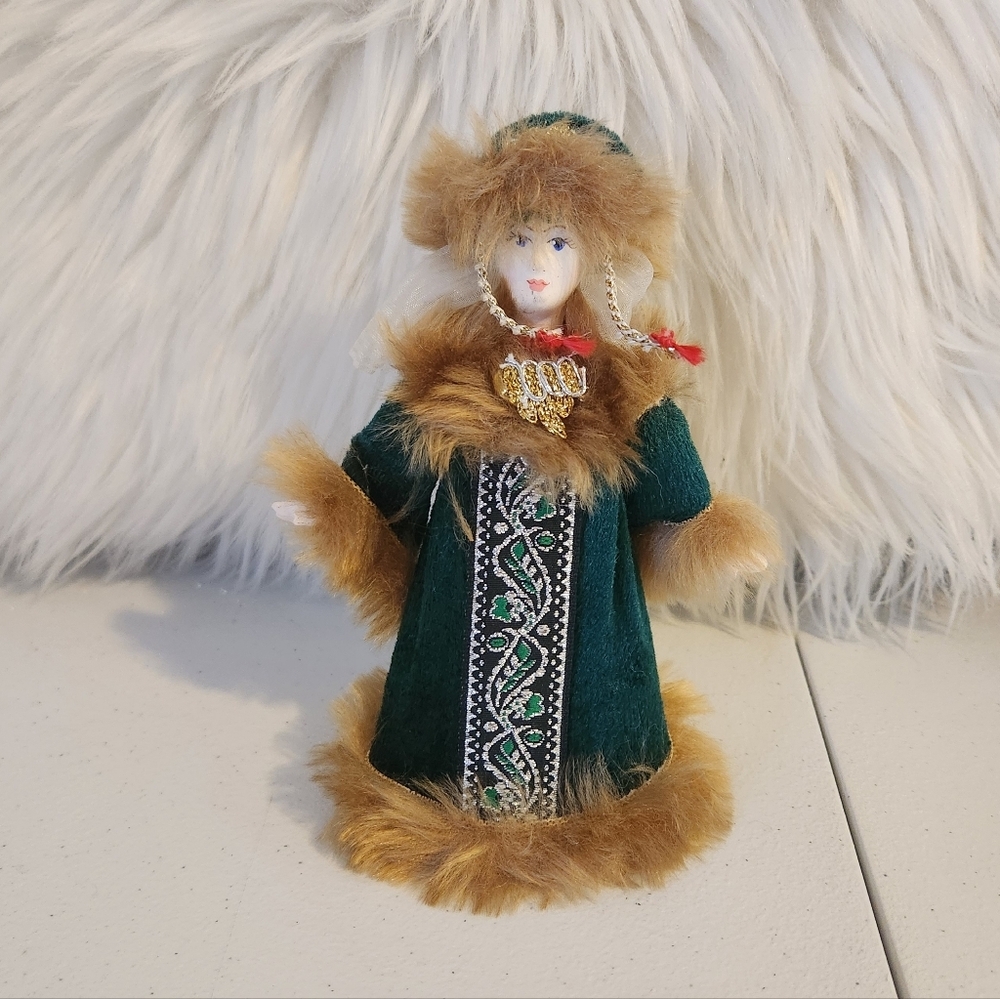 Vintage Porcelain Handpainted Russian Doll Folklore Christmas Russia Green Fur